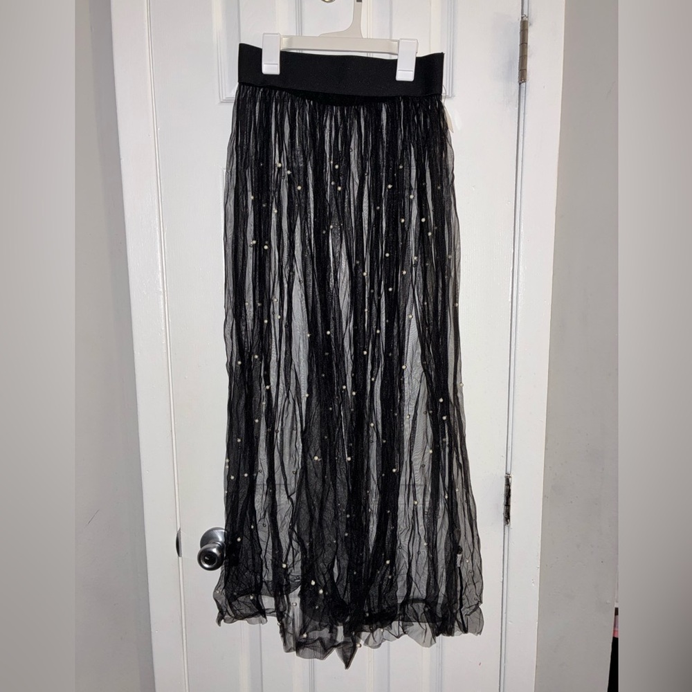 Elegant Black Tulle Skirt with Pearl Accents